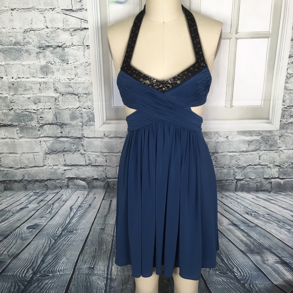 BCBGMAXAZRIA Blue Sequin Halter Open Back Dress.